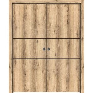 Modern Double Pocket Doors | Planum 0014 Oak and Aluminum Strips | Kit Trims Rail Hardware | Solid Wood Interior Bedroom Sliding Closet Sturdy Door