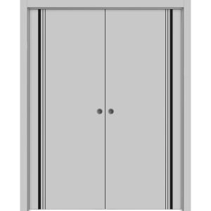 Modern Double Pocket Doors | Planum 0011 Matte Grey and Aluminum Strips | Kit Trims Rail Hardware | Solid Wood Interior Bedroom Sliding Closet Sturdy Door