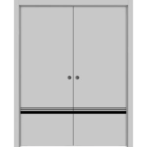 Modern Double Pocket Doors | Planum 0012 Matte Grey and Aluminum Strips | Kit Trims Rail Hardware | Solid Wood Interior Bedroom Sliding Closet Sturdy Door