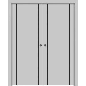 Modern Double Pocket Doors | Planum 0017 Matte Grey and Aluminum Strips | Kit Trims Rail Hardware | Solid Wood Interior Bedroom Sliding Closet Sturdy Door