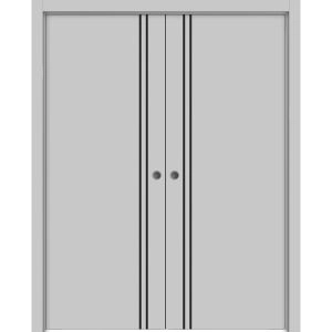 Modern Double Pocket Doors | Planum 0016 Matte Grey and Aluminum Strips | Kit Trims Rail Hardware | Solid Wood Interior Bedroom Sliding Closet Sturdy Door