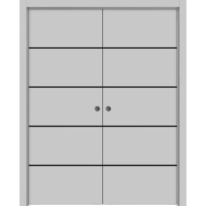 Modern Double Pocket Doors | Planum 0015 Matte Grey and Aluminum Strips | Kit Trims Rail Hardware | Solid Wood Interior Bedroom Sliding Closet Sturdy Door