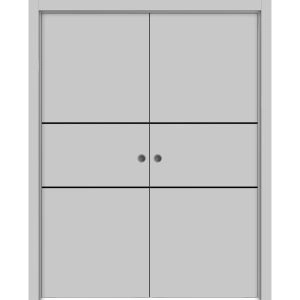 Modern Double Pocket Doors | Planum 0014 Matte Grey and Aluminum Strips | Kit Trims Rail Hardware | Solid Wood Interior Bedroom Sliding Closet Sturdy Door