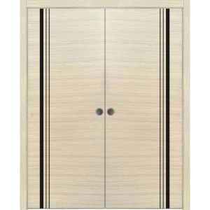 Modern Double Pocket Doors | Planum 0011 Natural Veneer and Aluminum Strips | Kit Trims Rail Hardware | Solid Wood Interior Bedroom Sliding Closet Sturdy Door