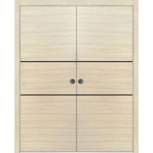 Modern Double Pocket Doors | Planum 0014 Natural Veneer and Aluminum Strips | Kit Trims Rail Hardware | Solid Wood Interior Bedroom Sliding Closet Sturdy Door