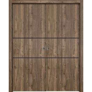 Modern Double Pocket Doors | Planum 0014 Walnut and Aluminum Strips | Kit Trims Rail Hardware | Solid Wood Interior Bedroom Sliding Closet Sturdy Door