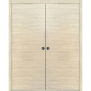 Modern Double Pocket Doors | Planum 0010 Natural Veneer | Kit Trims Rail Hardware | Solid Wood Interior Bedroom Sliding Closet Sturdy Door
