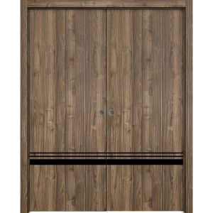 Modern Double Pocket Doors | Planum 0012 Walnut and Aluminum Strips | Kit Trims Rail Hardware | Solid Wood Interior Bedroom Sliding Closet Sturdy Door
