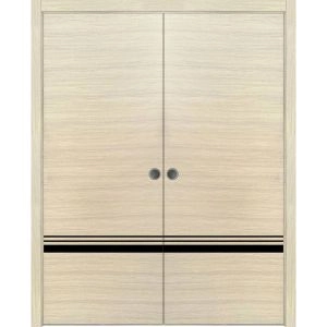 Modern Double Pocket Doors | Planum 0012 Natural Veneer and Aluminum Strips | Kit Trims Rail Hardware | Solid Wood Interior Bedroom Sliding Closet Sturdy Door