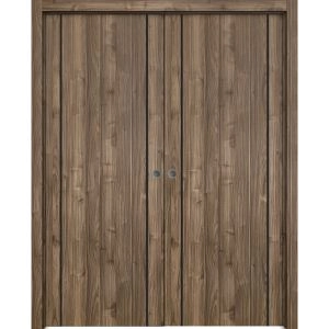 Modern Double Pocket Doors | Planum 0017 Walnut and Aluminum Strips | Kit Trims Rail Hardware | Solid Wood Interior Bedroom Sliding Closet Sturdy Door