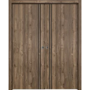 Modern Double Pocket Doors | Planum 0016 Walnut and Aluminum Strips | Kit Trims Rail Hardware | Solid Wood Interior Bedroom Sliding Closet Sturdy Door