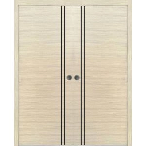 Modern Double Pocket Doors | Planum 0016 Natural Veneer and Aluminum Strips | Kit Trims Rail Hardware | Solid Wood Interior Bedroom Sliding Closet Sturdy Door