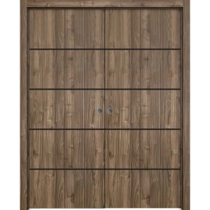 Modern Double Pocket Doors | Planum 0015 Walnut and Aluminum Strips | Kit Trims Rail Hardware | Solid Wood Interior Bedroom Sliding Closet Sturdy Door