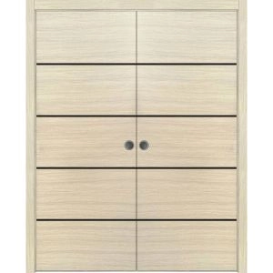 Modern Double Pocket Doors | Planum 0015 Natural Veneer and Aluminum Strips | Kit Trims Rail Hardware | Solid Wood Interior Bedroom Sliding Closet Sturdy Door