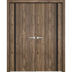 Planum Solid French Double Doors | Planum 0011 Walnut and Aluminum Strips | Wood Solid Panel Frame Trims | Closet Bedroom Sturdy Doors