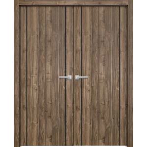 Planum Solid French Double Doors | Planum 0017 Walnut and Aluminum Strips | Wood Solid Panel Frame Trims | Closet Bedroom Sturdy Doors