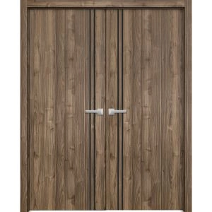 Planum Solid French Double Doors | Planum 0016 Walnut and Aluminum Strips | Wood Solid Panel Frame Trims | Closet Bedroom Sturdy Doors