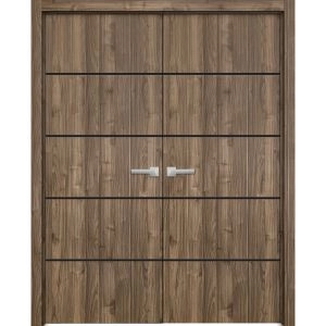 Planum Solid French Double Doors | Planum 0015 Walnut and Aluminum Strips | Wood Solid Panel Frame Trims | Closet Bedroom Sturdy Doors