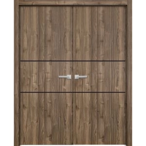 Planum Solid French Double Doors | Planum 0014 Walnut and Aluminum Strips | Wood Solid Panel Frame Trims | Closet Bedroom Sturdy Doors