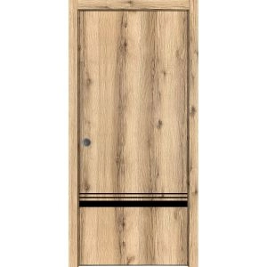 Sliding French Pocket Door with | Planum 0012 Oak and Aluminum Strips | Kit Trims Rail Hardware | Solid Wood Interior Bedroom Sturdy Doors