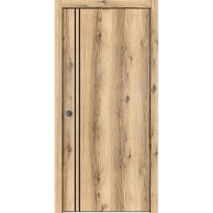 Sliding French Pocket Door with | Planum 0016 Oak and Aluminum Strips | Kit Trims Rail Hardware | Solid Wood Interior Bedroom Sturdy Doors