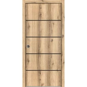Sliding French Pocket Door with | Planum 0015 Oak and Aluminum Strips | Kit Trims Rail Hardware | Solid Wood Interior Bedroom Sturdy Doors-32" x 80"