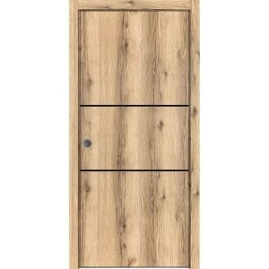 Sliding French Pocket Door with | Planum 0014 Oak and Aluminum Strips | Kit Trims Rail Hardware | Solid Wood Interior Bedroom Sturdy Doors