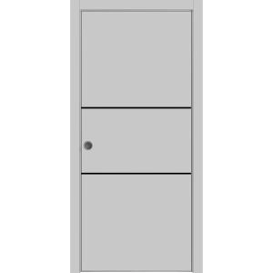Sliding French Pocket Door with | Planum 0014 Matte Grey and Aluminum Strips | Kit Trims Rail Hardware | Solid Wood Interior Bedroom Sturdy Doors