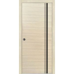 Sliding French Pocket Door with | Planum 0011 Natural Veneer and Aluminum Strips | Kit Trims Rail Hardware | Solid Wood Interior Bedroom Sturdy Doors