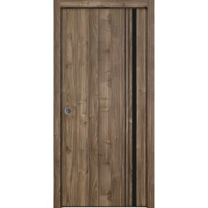 Sliding French Pocket Door with | Planum 0011 Walnut and Aluminum Strips | Kit Trims Rail Hardware | Solid Wood Interior Bedroom Sturdy Doors