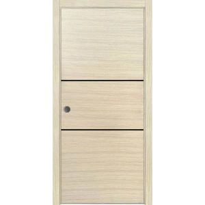 Sliding French Pocket Door with | Planum 0014 Natural Veneer and Aluminum Strips | Kit Trims Rail Hardware | Solid Wood Interior Bedroom Sturdy Doors