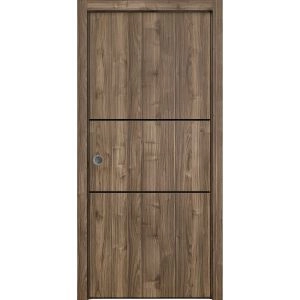 Sliding French Pocket Door with | Planum 0014 Walnut and Aluminum Strips | Kit Trims Rail Hardware | Solid Wood Interior Bedroom Sturdy Doors