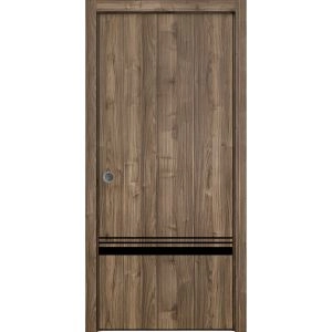 Sliding French Pocket Door with | Planum 0012 Walnut and Aluminum Strips | Kit Trims Rail Hardware | Solid Wood Interior Bedroom Sturdy Doors