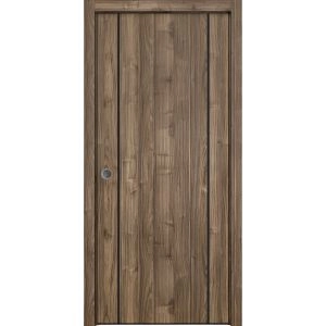 Sliding French Pocket Door with | Planum 0017 Walnut and Aluminum Strips | Kit Trims Rail Hardware | Solid Wood Interior Bedroom Sturdy Doors