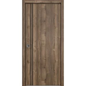 Sliding French Pocket Door with | Planum 0016 Walnut and Aluminum Strips | Kit Trims Rail Hardware | Solid Wood Interior Bedroom Sturdy Doors