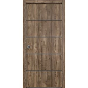 Sliding French Pocket Door with | Planum 0015 Walnut and Aluminum Strips | Kit Trims Rail Hardware | Solid Wood Interior Bedroom Sturdy Doors