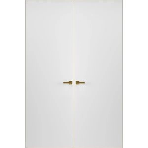 Modern Solid Double Hidden Door with Handle | Planum 0010 Primed with Gold Hidden Frame 72" x 84" Left-hand Outswing Gold Frame | Hinges Lock Handle | Modern Wardrobe Wood Solid Doors