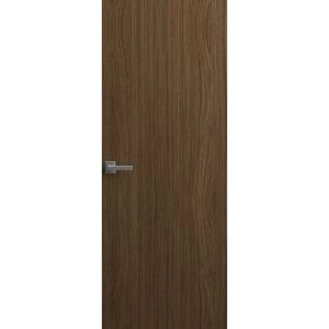 Invisible Solid Hidden Door with Handle | Planum 0010 Walnut with Black Hidden Frame 28" x 84" Left-hand Outswing Black Frame | Concealed Hinges Lock Handle | Modern Frameless Doors