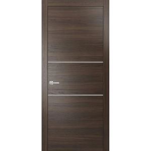 Modern Solid Interior Door with Handle | Planum 0110 Chocolate Ash and Aluminum Strips | Single Regural Panel Frame Trims | Bathroom Bedroom Sturdy Doors
