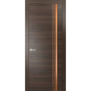 Modern Solid Interior Door with Handle | Planum 1010 Chocolate Ash and Aluminum Strips | Single Regural Panel Frame Trims | Bathroom Bedroom Sturdy Doors