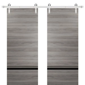 Sturdy Double Barn Door with Hardware | Planum 0012 Ginger Ash and Aluminum Strips | Silver 13FT Rail Hangers Heavy Set | Modern Solid Panel Interior Doors