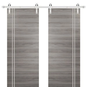 Sturdy Double Barn Door with Hardware | Planum 0310 Ginger Ash and Aluminum Strips | Silver 13FT Rail Hangers Heavy Set | Modern Solid Panel Interior Doors
