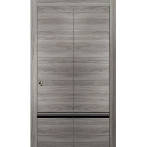 Sliding Closet Bi-fold Doors | Planum 0012 Ginger Ash and Aluminum Strips | Sturdy Tracks Moldings Trims Hardware Set | Wood Solid Bedroom Wardrobe Doors