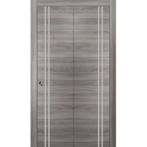 Sliding Closet Bi-fold Doors | Planum 0310 Ginger Ash and Aluminum Strips | Sturdy Tracks Moldings Trims Hardware Set | Wood Solid Bedroom Wardrobe Doors