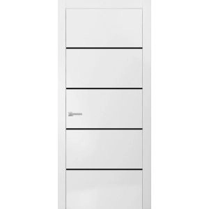 Modern Solid Interior Door with Handle | Planum 0015 White Silk and Aluminum Strips | Single Regural Panel Frame Trims | Bathroom Bedroom Sturdy Doors
