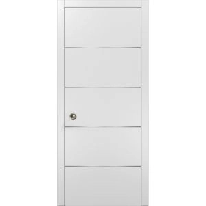 Sliding French Pocket Door with | Planum 0020 White Silk | Kit Trims Rail Hardware | Solid Wood Interior Bedroom Sturdy Doors