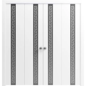 Sliding Closet Double Bi-fold Doors 72 x 80 inches | Planum 0333 White Silk with Black Inserts and Frosted Glass | Tracks Trims Hardware Set | Wood Solid Bedroom Wardrobe Doors