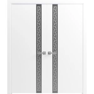 Interior Double Doors 36 x 80 inches | Planum 0333 White Silk with Black Inserts and Frosted Glass | Wood Interior Solid Panel Frame | Closet Bedroom Doors