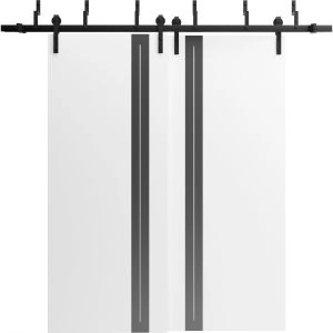 Sliding Closet Barn Bypass Doors 36 x 80 inches | Planum 0444 White Silk with Black Inserts and Frosted Glass | 6.6ft Rails Hardware Set | Wood Solid Bedroom Wardrobe Doors