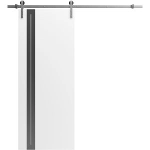 Barn Door 18 x 80 inches | Planum 0444 White Silk with Black Inserts and Frosted Glass | 6.6FT Silver Rail Track Hardware Set | Solid Panel Interior Doors